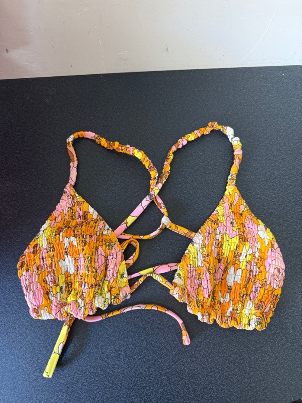 Xhilaration Pink Orange Yellow Smocked Crisscross Bikini Top